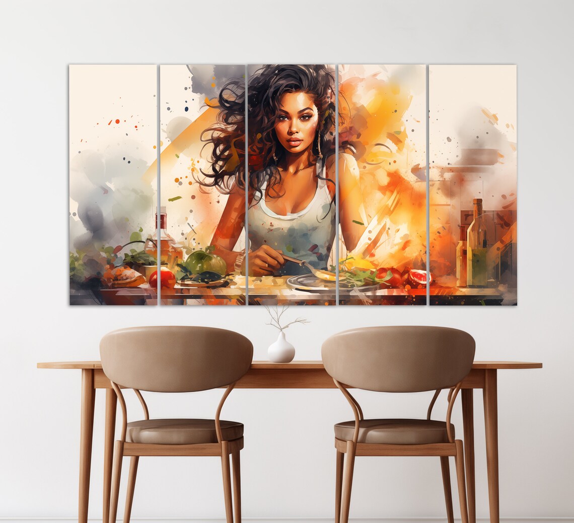 Woman Cooking In Warm Kitchen Watercolor Splashes Of Orange And Gold Print - Image 2