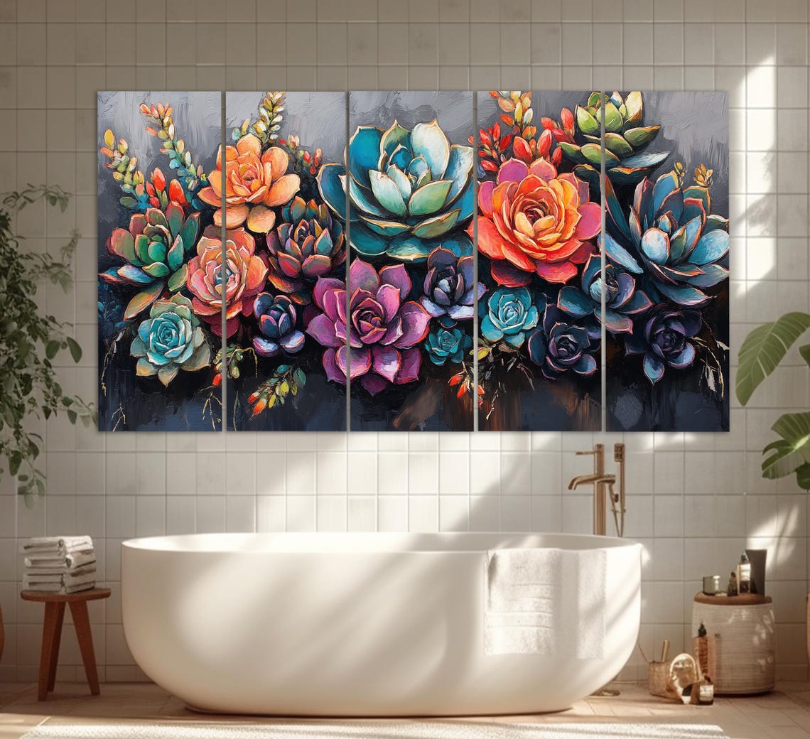 Colorful Succulent Bouquet Coral Teal Purple Botanical Painting Poster - Image 2