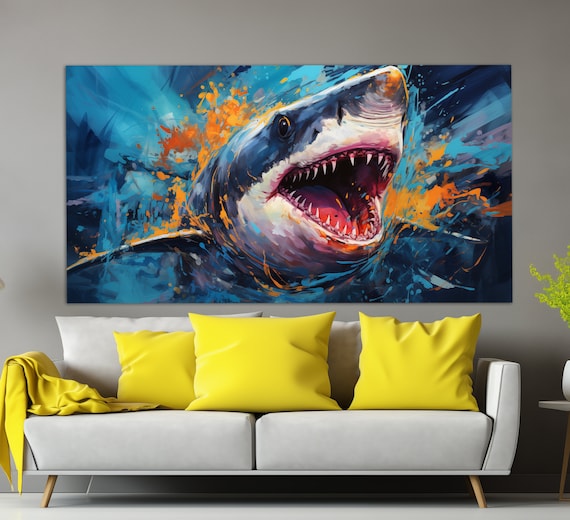 Angry Shark Open Jaws Underwater Ocean Blue Abstract Art Poster