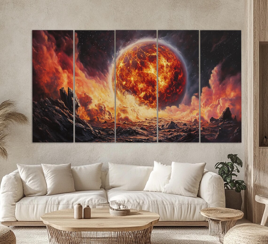 Abstract Fiery Mars Planet Rising Over Alien Rocky Landscape Space Wall Art - Image 2