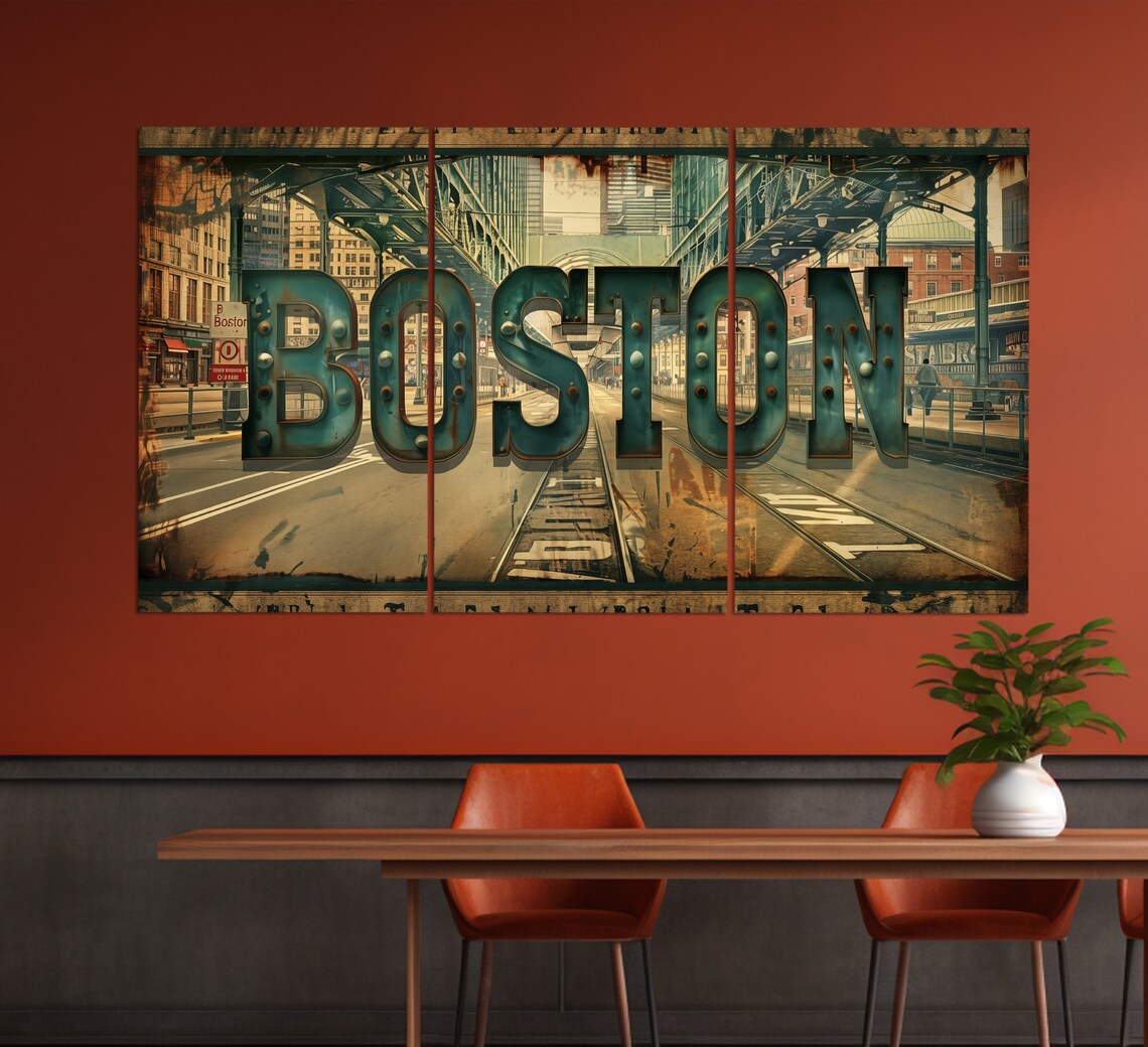Boston City Street Vintage Metal Letters Rustic Urban Art Poster - Image 3