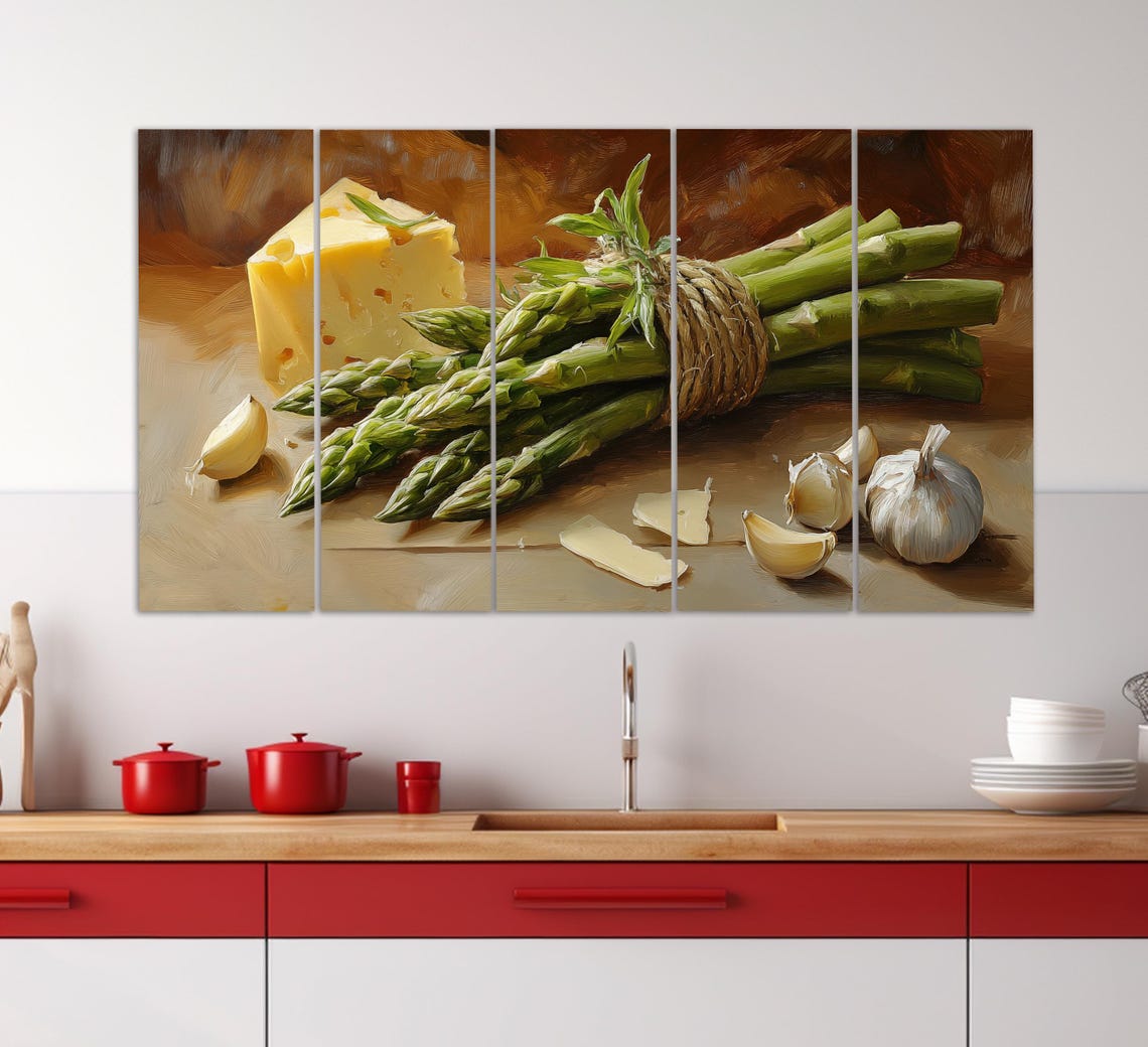 Asparagus Bunch With Cheese Wedge And Garlic Vintage Still Life Poster - Image 2