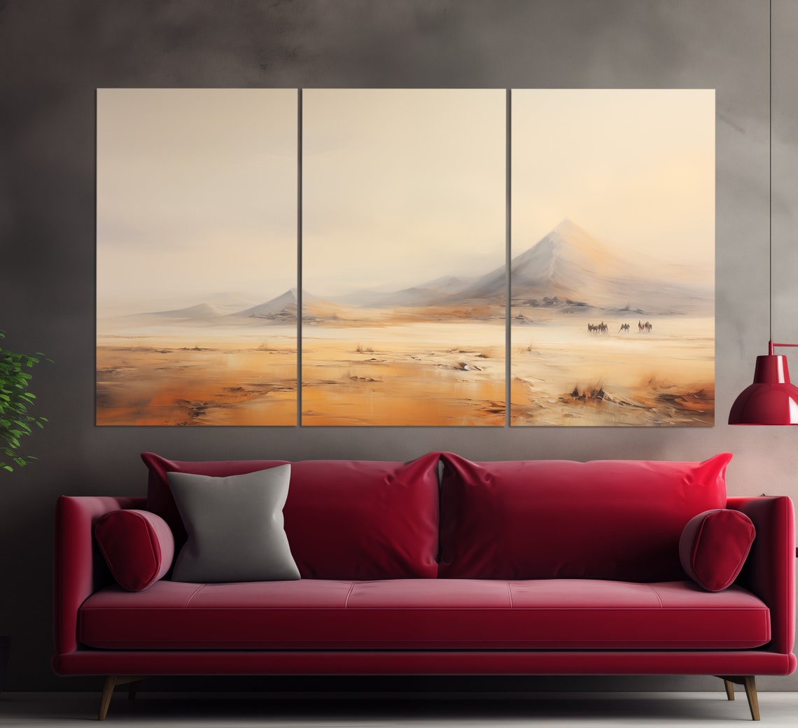 Desert Landscape Hazy Mountains Camel Caravan Warm Beige Poster - Image 6
