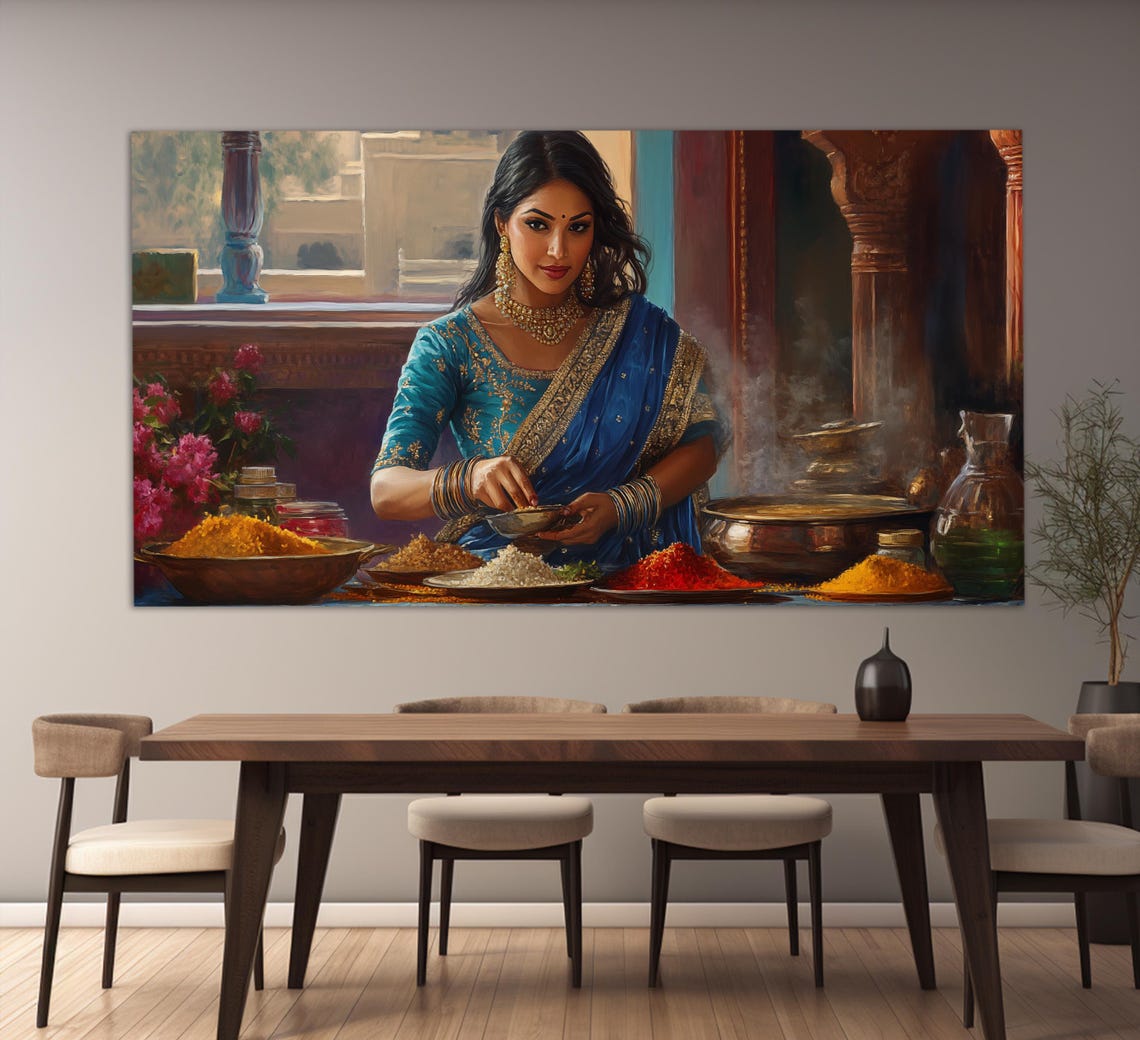 Indian Woman In Blue Sari With Colorful Spices Kitchen Art Poster