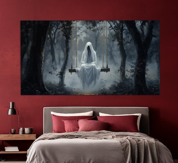 White Ghost Sitting On Swing In Misty Dark Forest Gothic Melancholy Poster