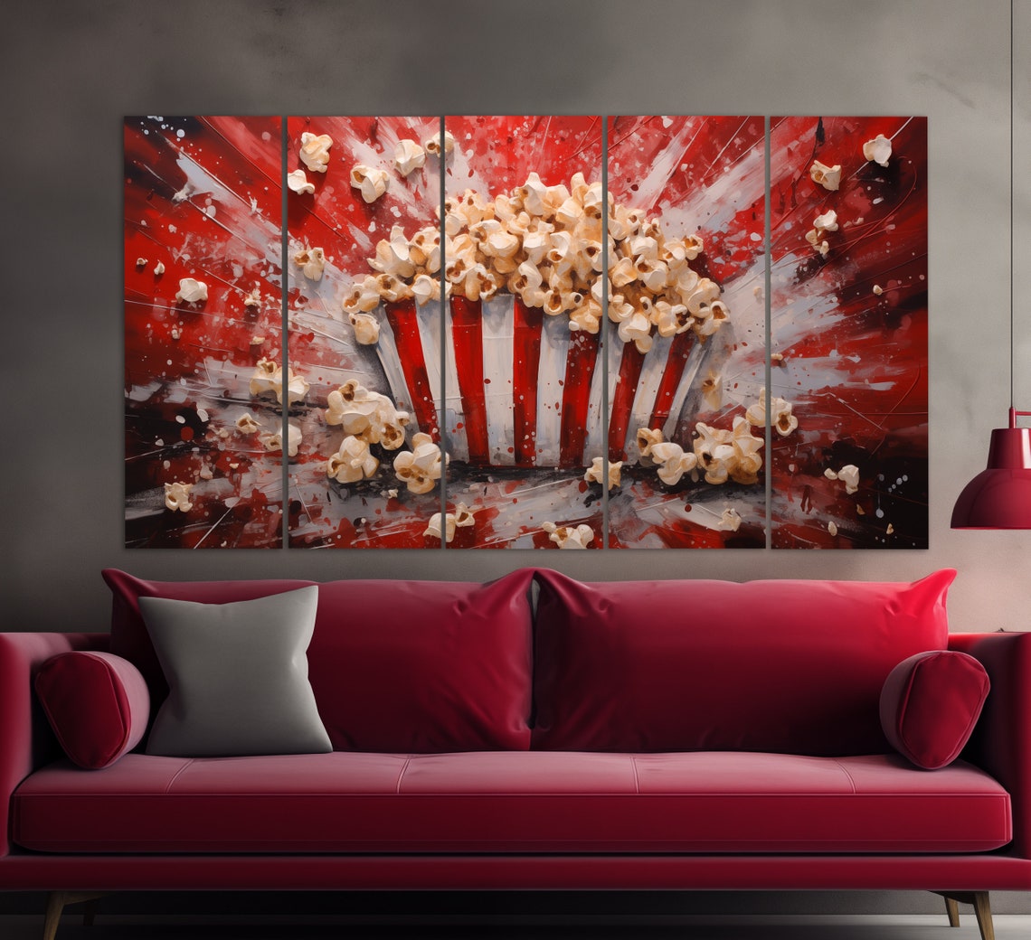 Exploding Popcorn Bucket Red Splash Vintage Oil Style Movie Art Poster - Image 2