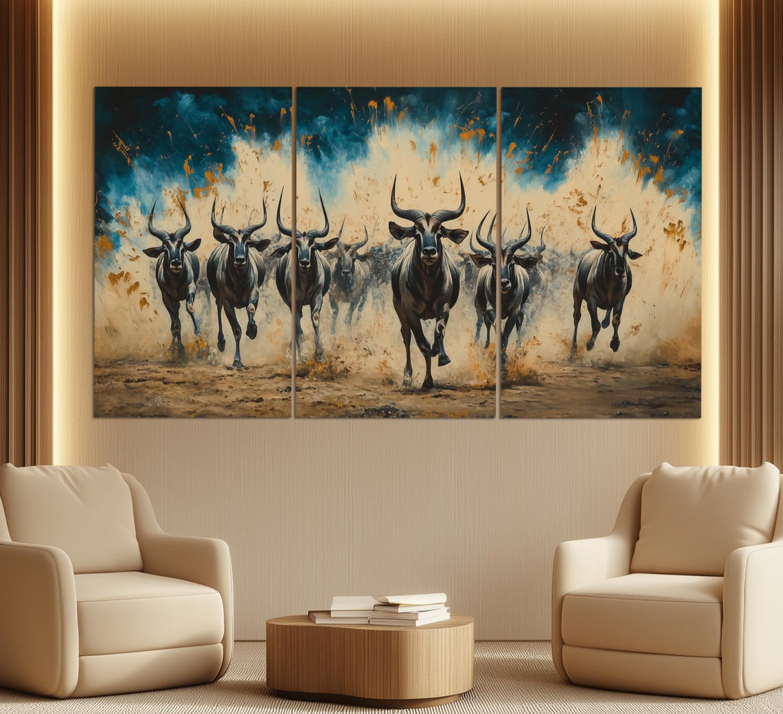 African Wildebeest Herd Charging Dusty Savannah Art Golden Hour Print - Image 3