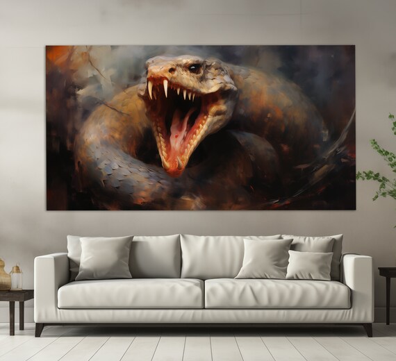 Striking Snake Open Jaws Fangs Dark Moody Oil Painting Wall Art