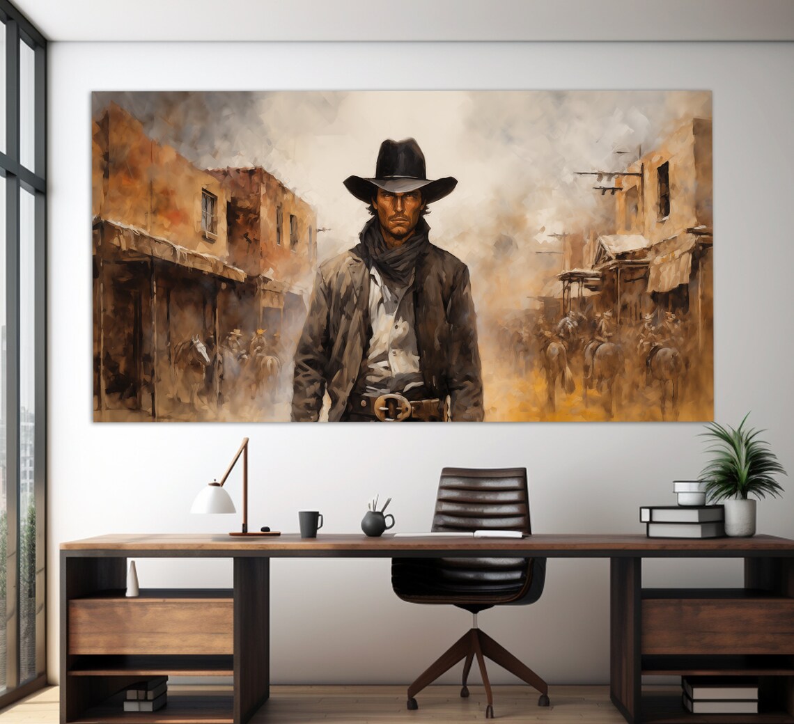 Cowboy Black Hat Western Town Vintage Oil Painting Style Poster - Image 3