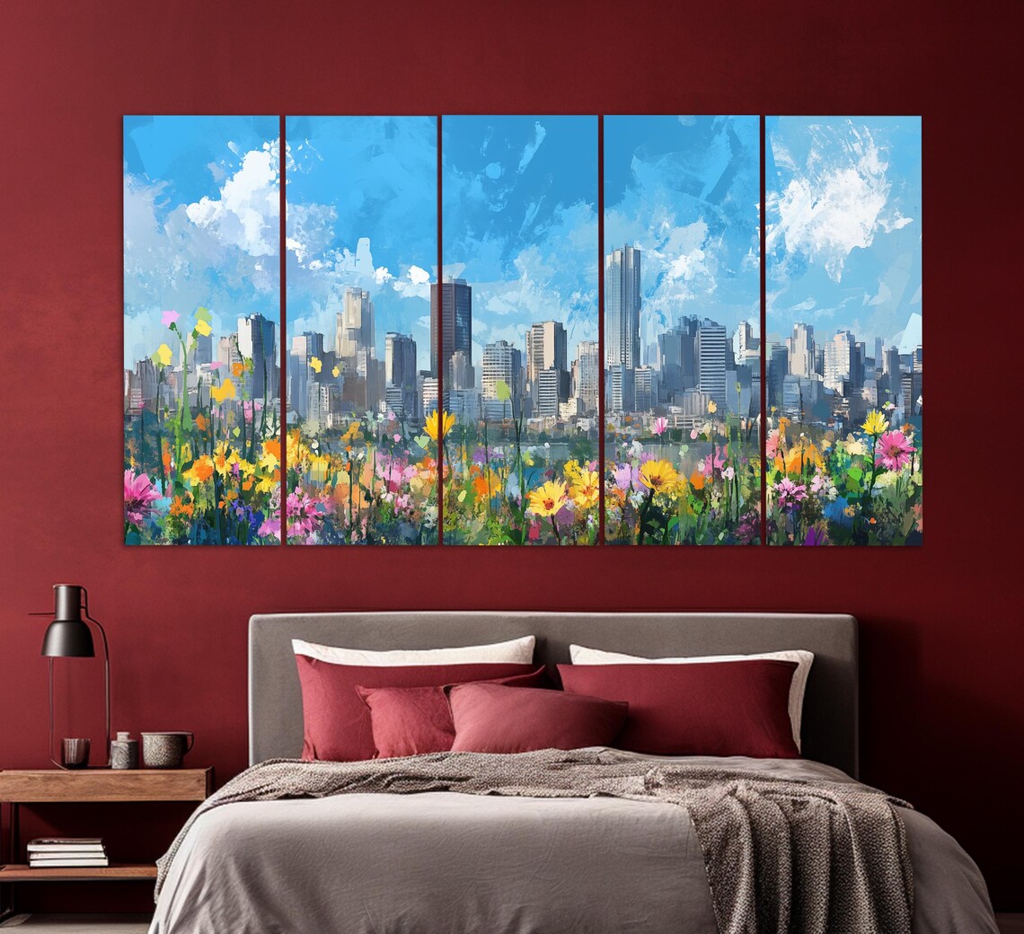 Sao Paulo Skyline Blue Sky Blooming Wildflowers Oil Painting Poster - Image 2