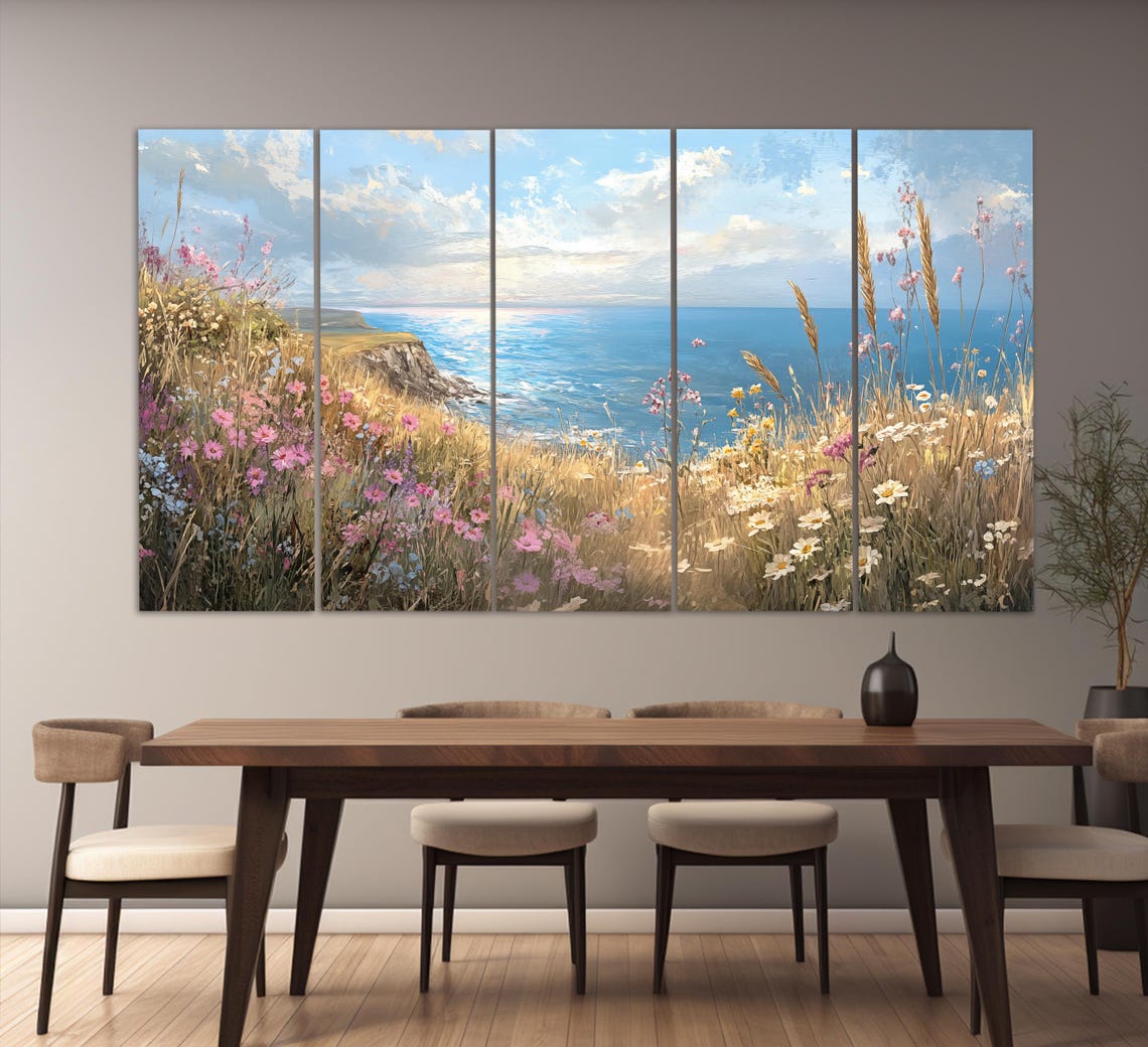Wildflowers on Cliffs Soft Coastal Seascape Art Golden Hour Poster - Image 2