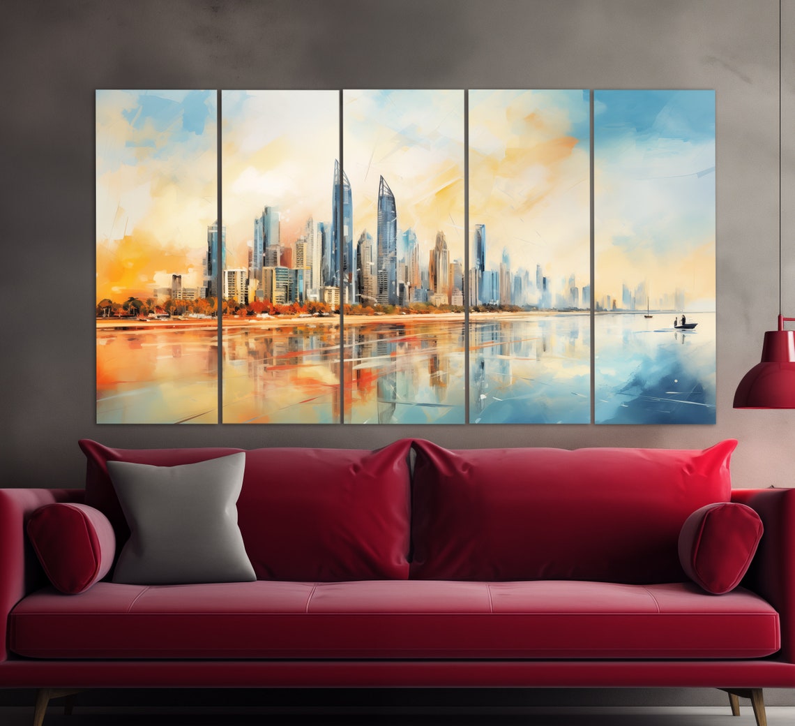 Abu Dhabi UAE Skyline Waterfront Watercolor Style Sunset Travel Poster - Image 5