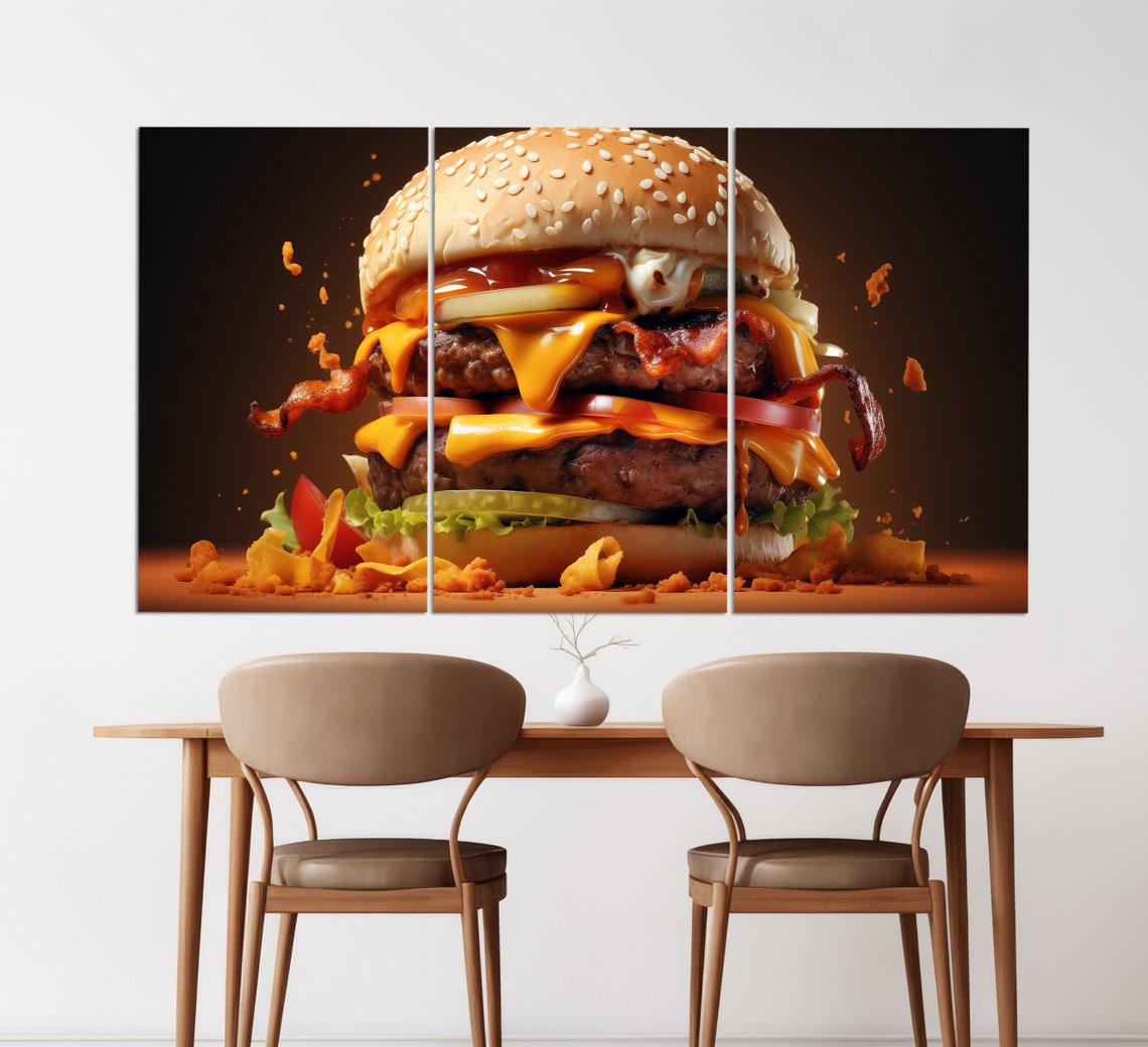 Double Bacon Cheeseburger Flying Ingredients Dark Background Wall Art - Image 3