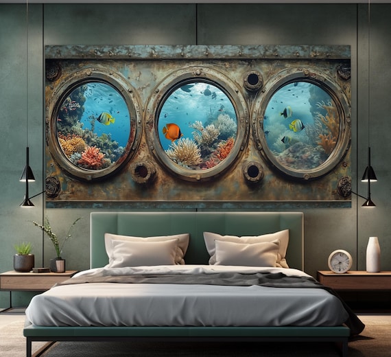 Underwater View From Porthole Print Fish Wall Art Underwater Painting Ocean Underwater Wall Art Diving Wall Decor Diver Gift