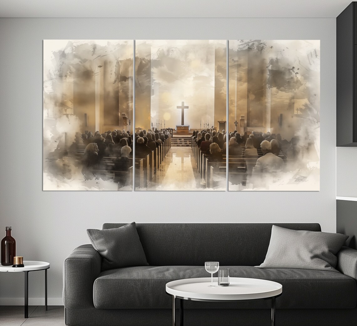 Church Sanctuary Cross Congregation Worship Soft Sepia Watercolor Art Print - Image 3