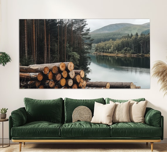 Stack Of Cut Trees By The Scenic Lake Print Nature Wall Decor Bedroom Wall Decor Wood Logs Poster Lake Wall Art Nature