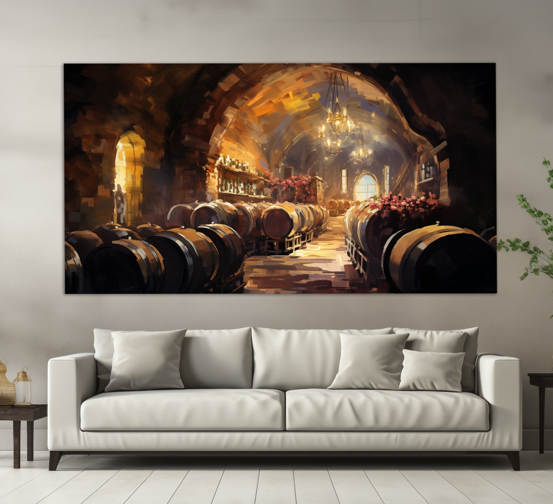 Old Wine Cellar Oak Barrels Arched Stone Vault Oil Painting Art Print
