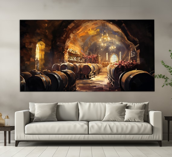 Old Wine Cellar Oak Barrels Arched Stone Vault Oil Painting Art Print