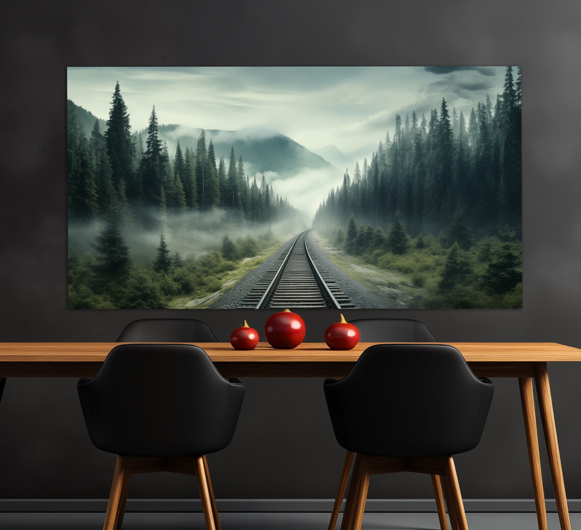 Railway Through The Foggy Forest, Travel Art Print - Image 4