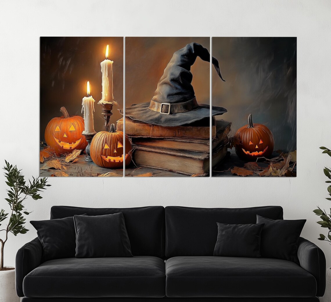 Witch Hat On Spell Books With Jack O Lanterns And Candles Halloween Poster - Image 3