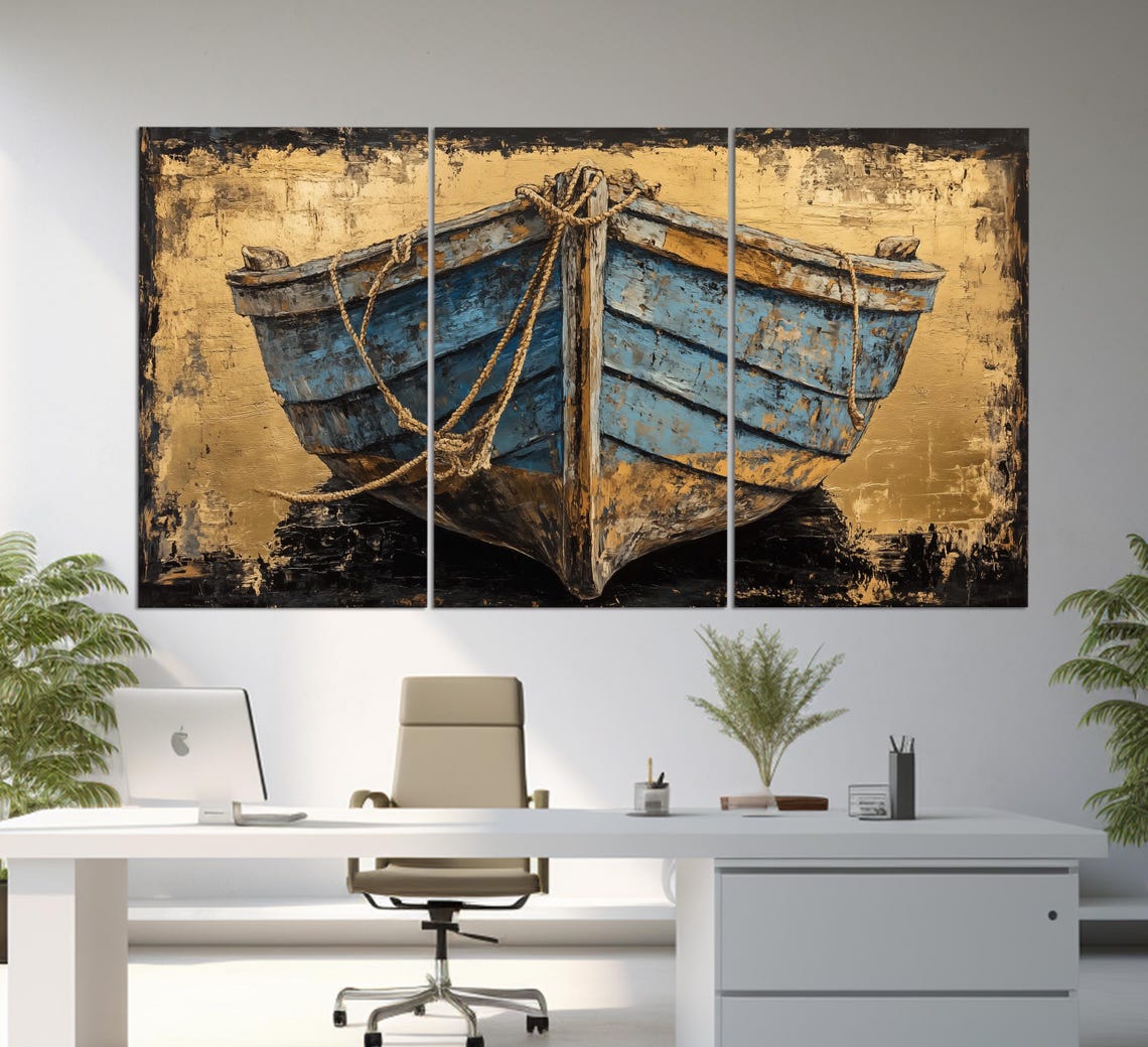 Old Wooden Boat Print In A Vintage Oil Painting Style Abstract Fishing Wall Art Old Fishing Boat Painting Retro Nautical Poster - Image 3