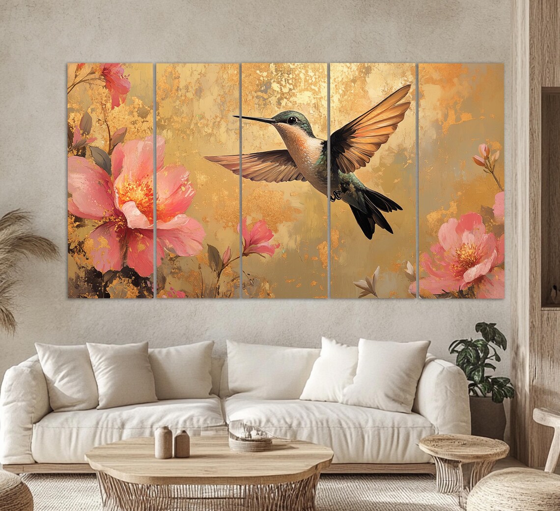 Hummingbird Hovering Garden Flowers Painting Birds Nature Art Poster - Image 2