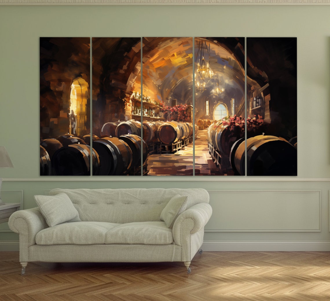 Old Wine Cellar Oak Barrels Arched Stone Vault Oil Painting Art Print - Image 2