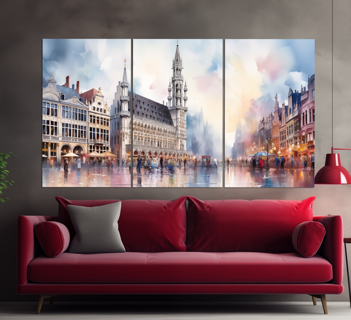 Brussels Grand Place Town Hall Watercolor Style Belgium Travel Poster - Image 2