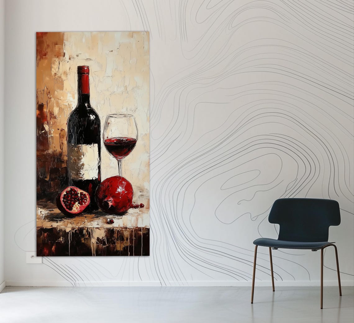 Red Wine Bottle Glass and Pomegranate Still Life Oil Painting Poster - Image 2