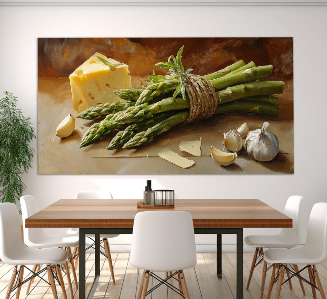 Asparagus Bunch With Cheese Wedge And Garlic Vintage Still Life Poster