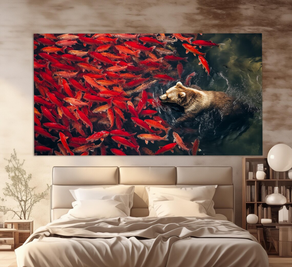 Brown Bear Swimming Among School of Red Fish Aerial Wildlife Poster