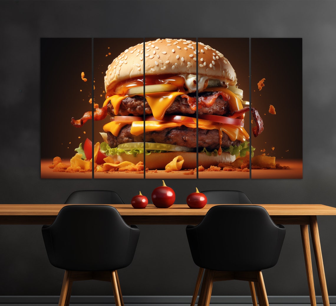 Double Bacon Cheeseburger Flying Ingredients Dark Background Wall Art - Image 2