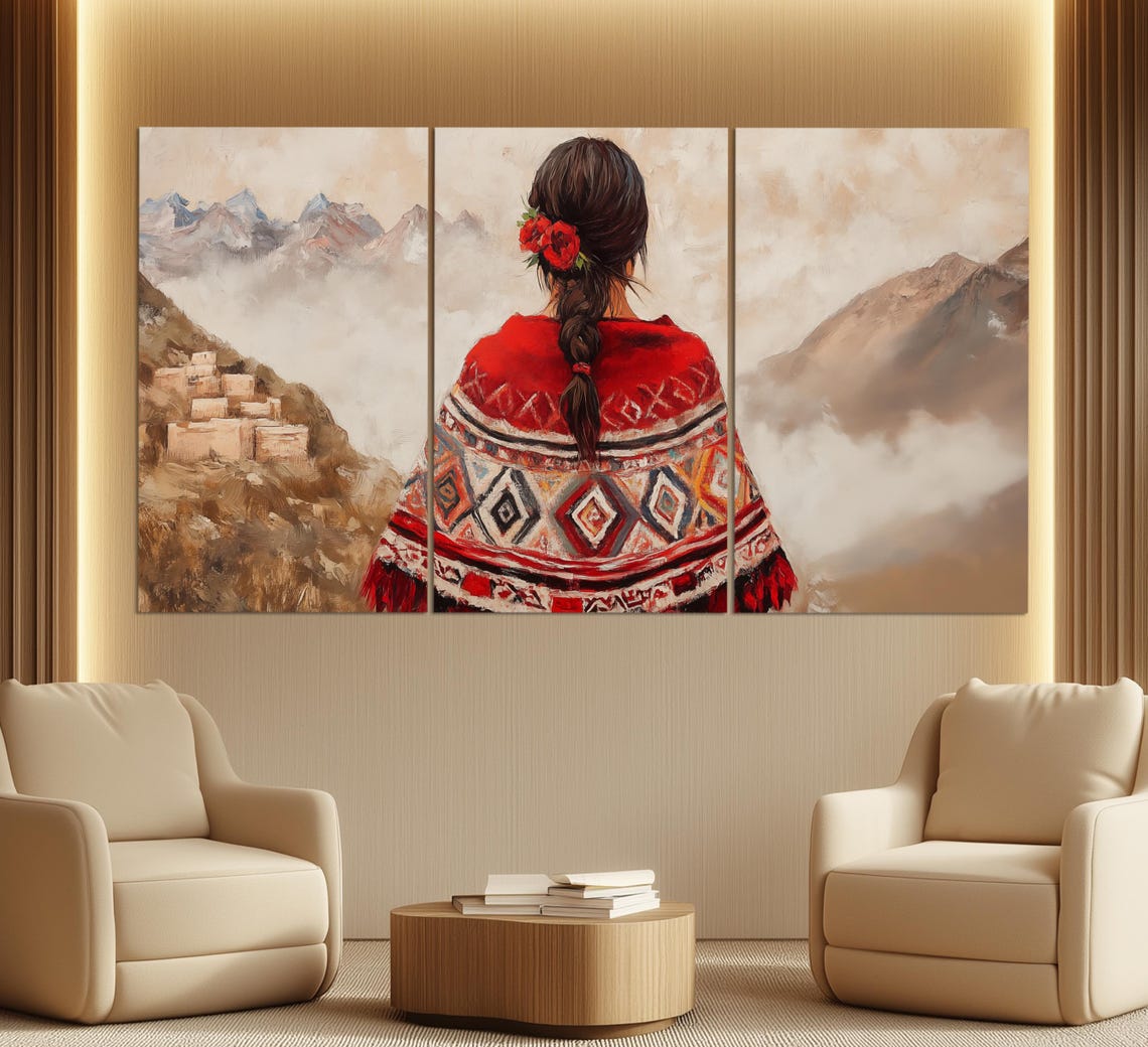 Peruvian Woman In Red Poncho Braid With Roses Overlooking Andes Poster - Image 6