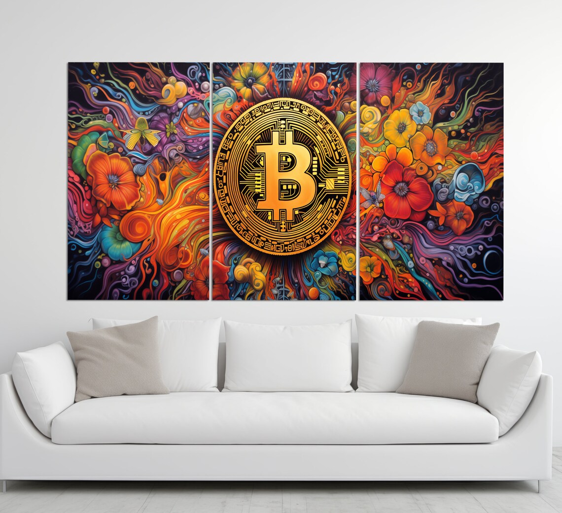 Bitcoin Coin Psychedelic Colorful Flowers Abstract Crypto Art Poster - Image 3