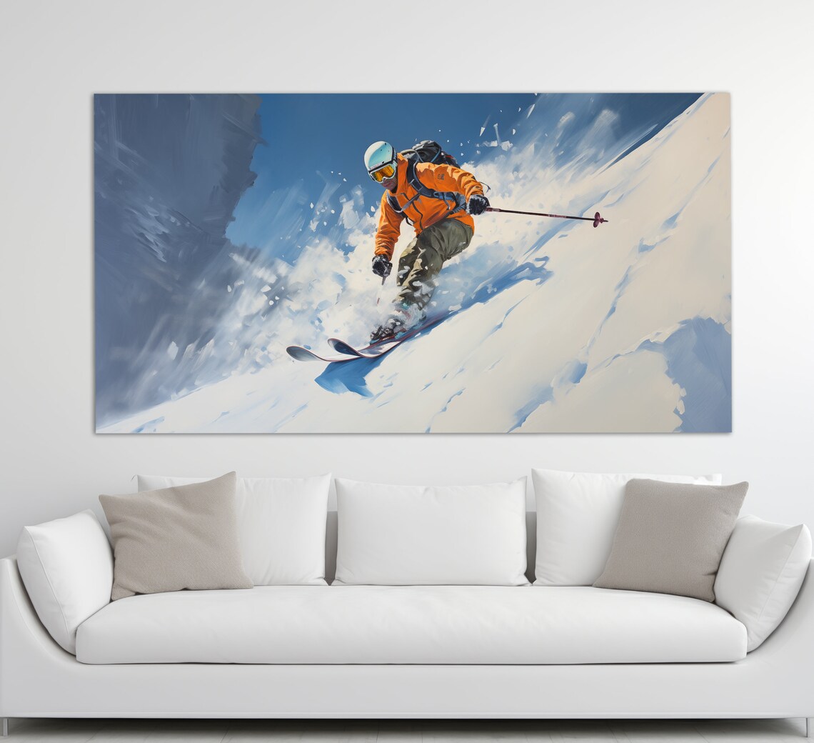 Freeride Skier Powder Slope Orange Jacket Blue Sky Oil Painting Poster - Image 4