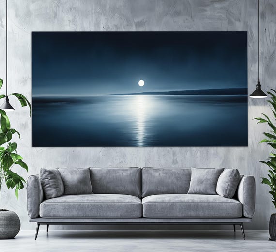 Minimalist Moon Over Lake Print Moonlit On The Water Poster Moon Wall Art Scenic Night Wall Art Minimalist Wall Decor