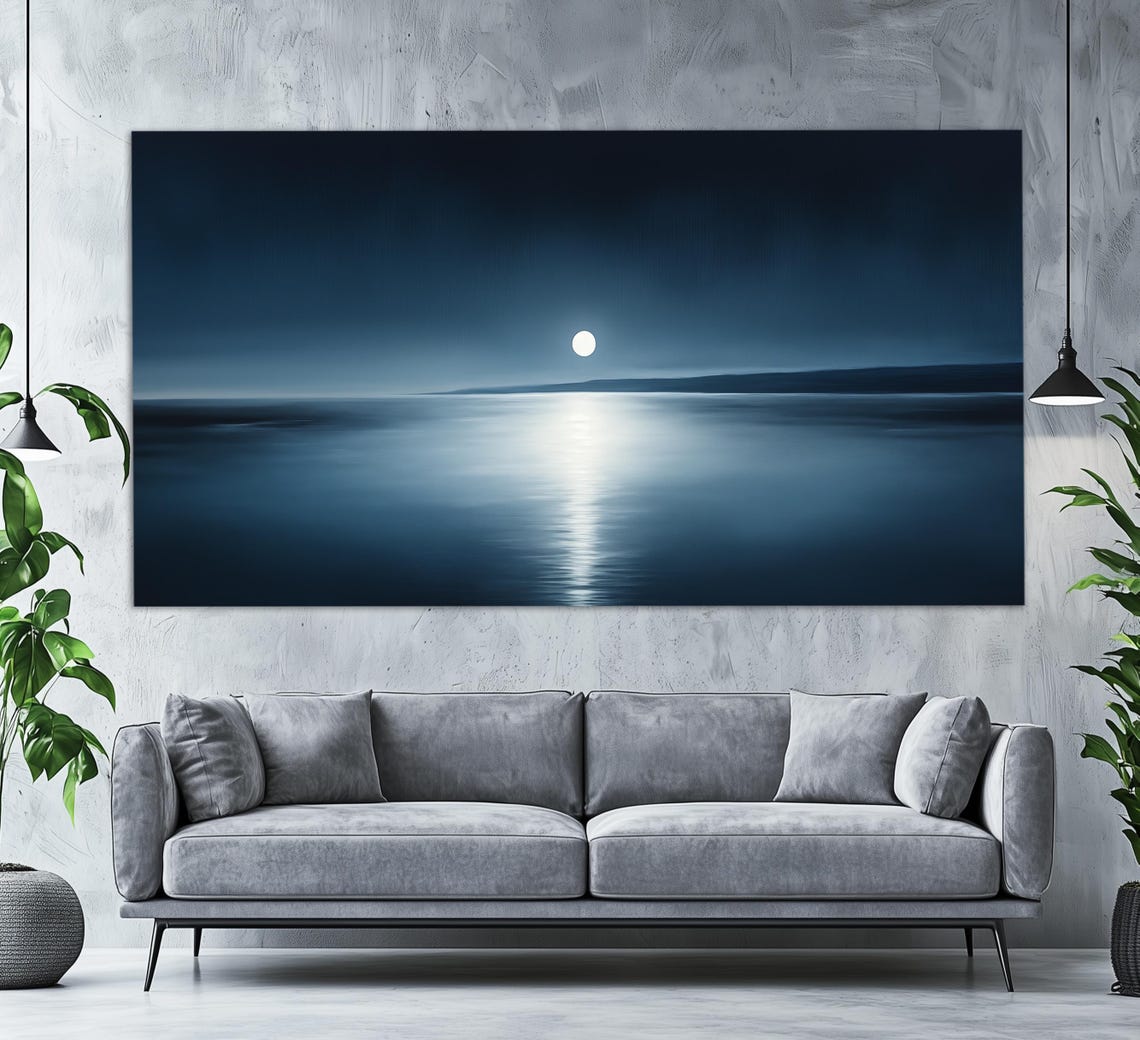 Minimalist Full Moon Over Dark Lake Moonlit Reflection Night Wall Art