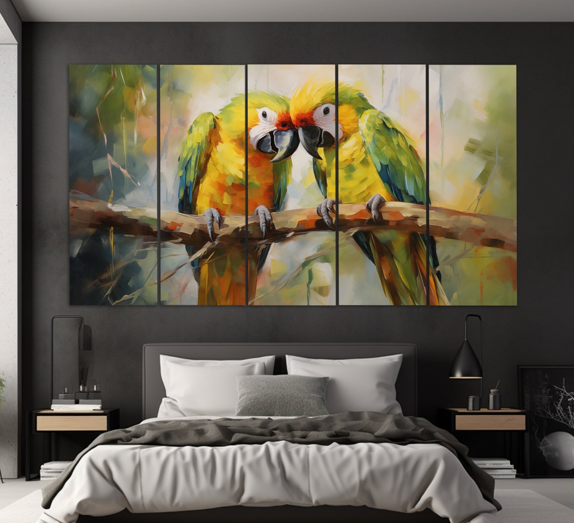 Macaw Parrot Couple Touching Beaks Colorful Oil Painting Wall Art - Image 5