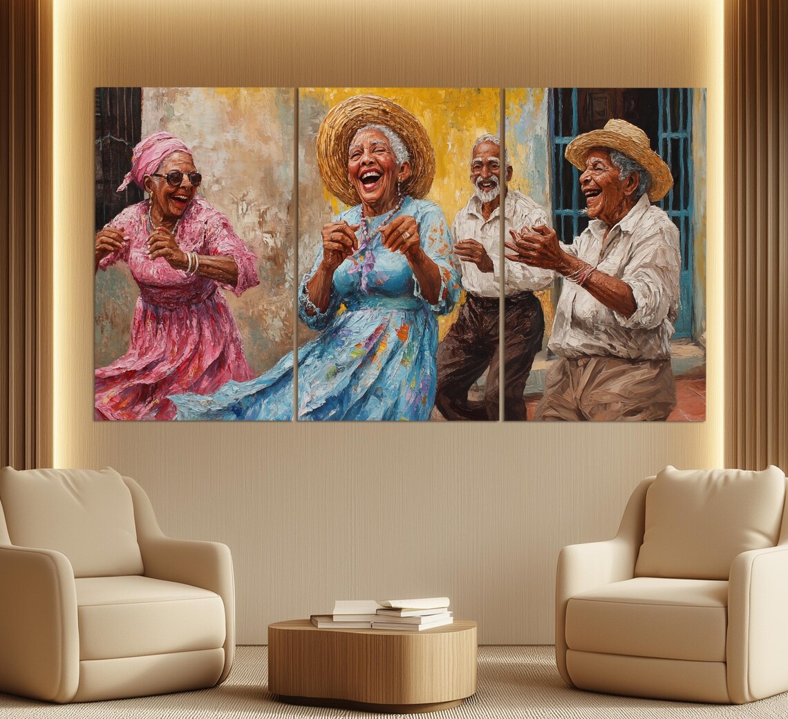 Four Elderly Friends Dancing Joyfully Caribbean Street Party Art Poster - Image 6