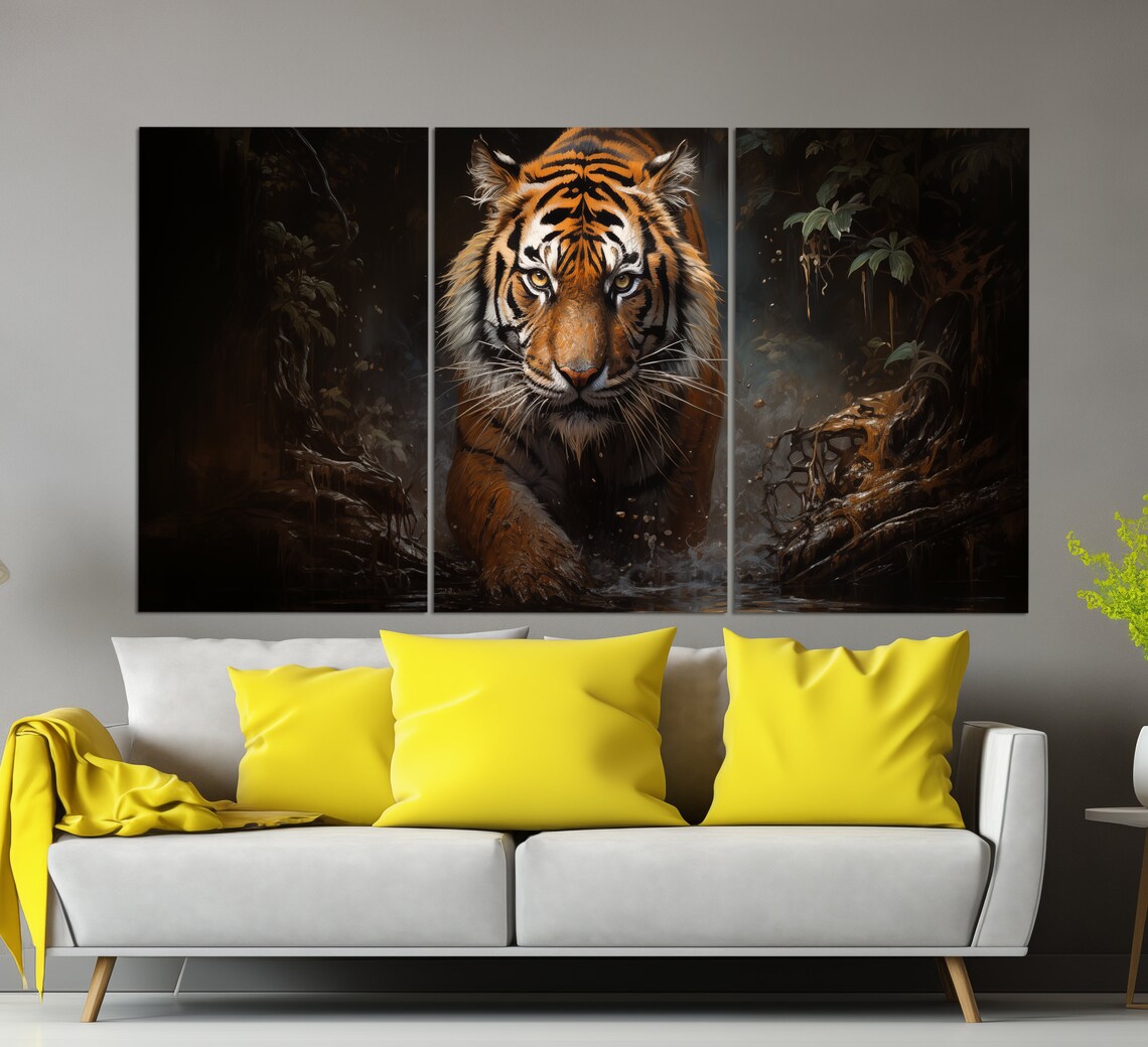 Majestic Tiger Dark Jungle Stream Intense Eyes Oil Painting Style Poster - Image 3