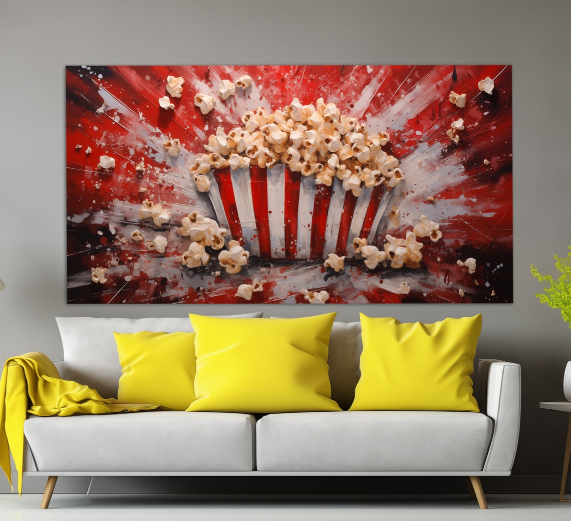 Exploding Popcorn Bucket Red Splash Vintage Oil Style Movie Art Poster