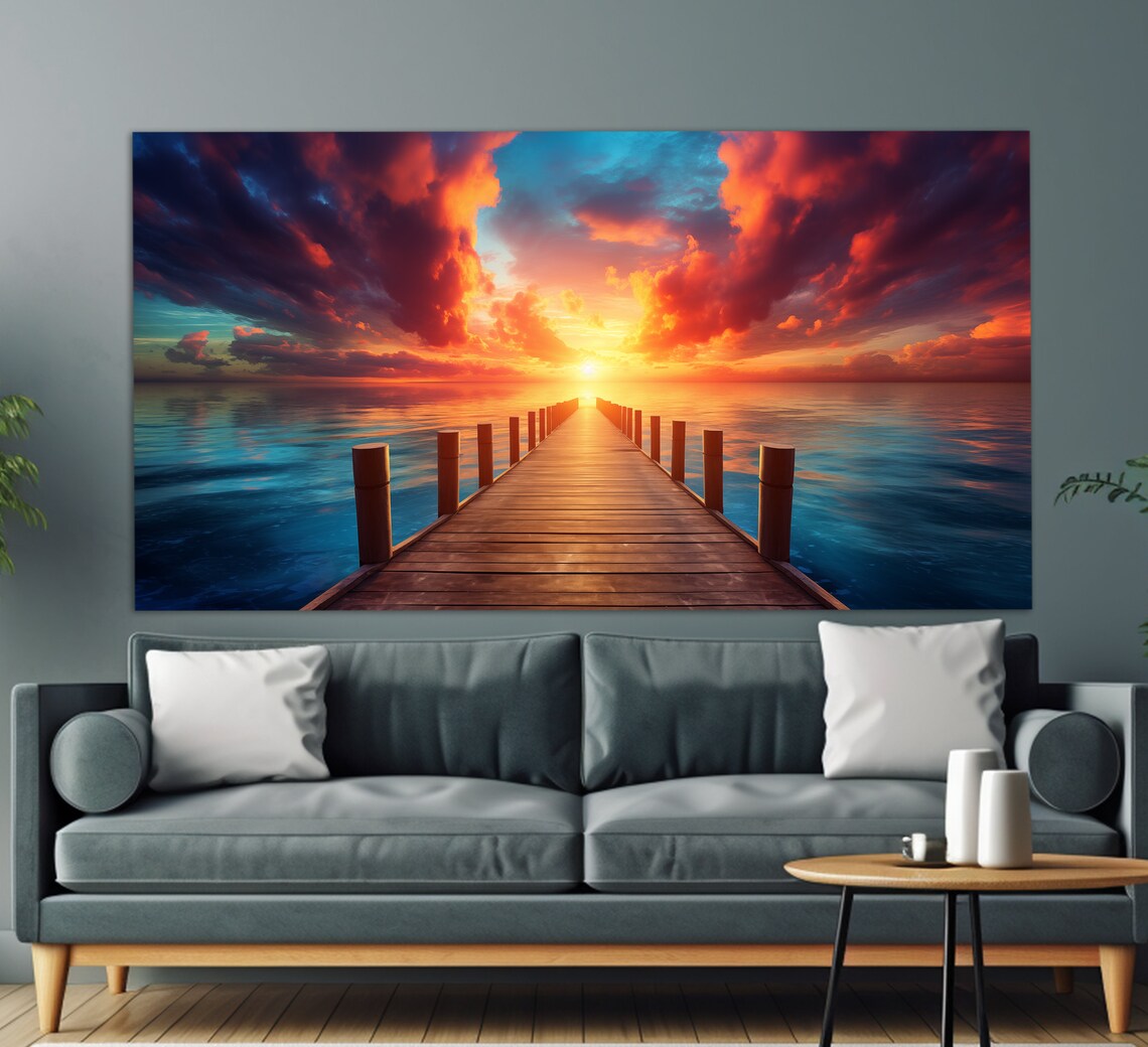Ocean Sunset Wooden Pier Golden Waves Sea Birds Coastal Poster