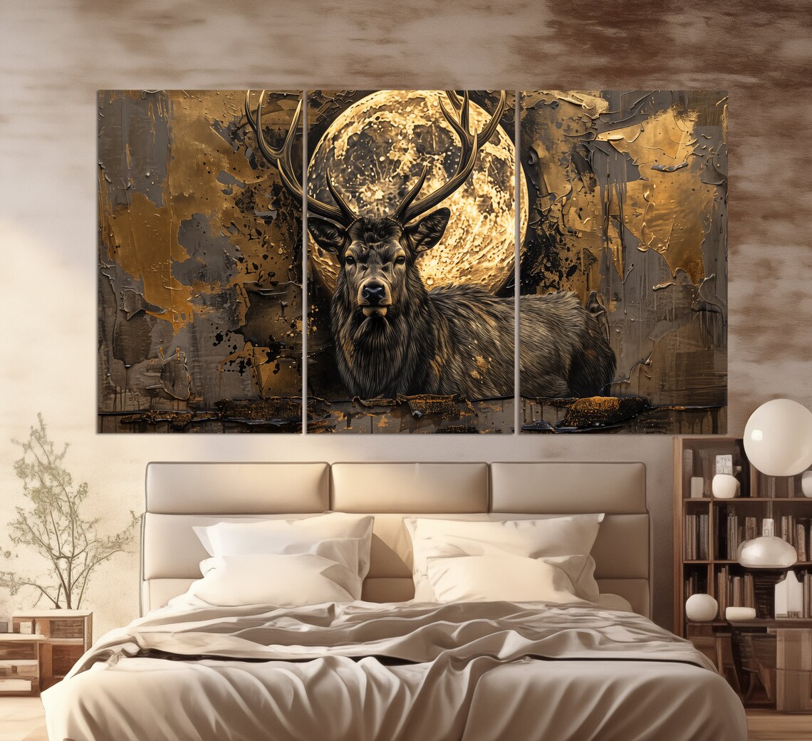 Abstract Deer and Full Moon, Vintage Oil Painting Poster - Image 3