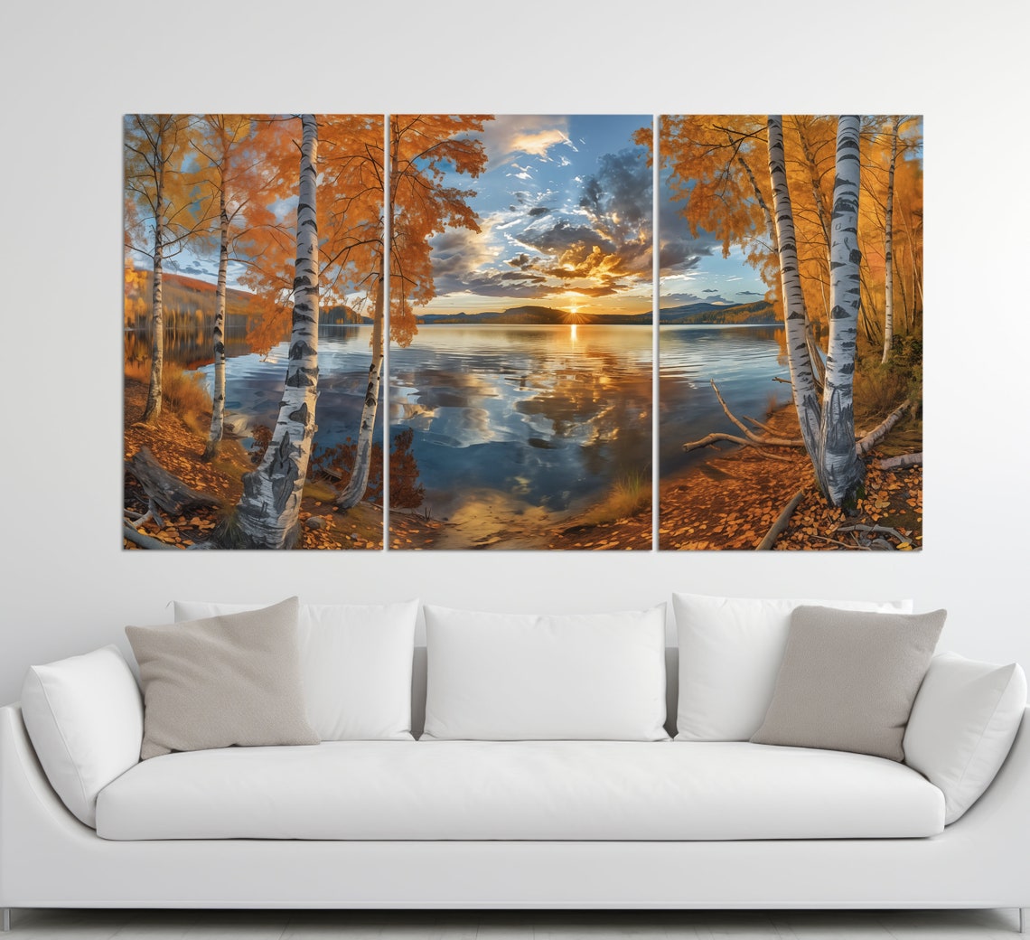 Golden Autumn Birch Forest Lake Reflection Painting Nature Art Poster - Image 3