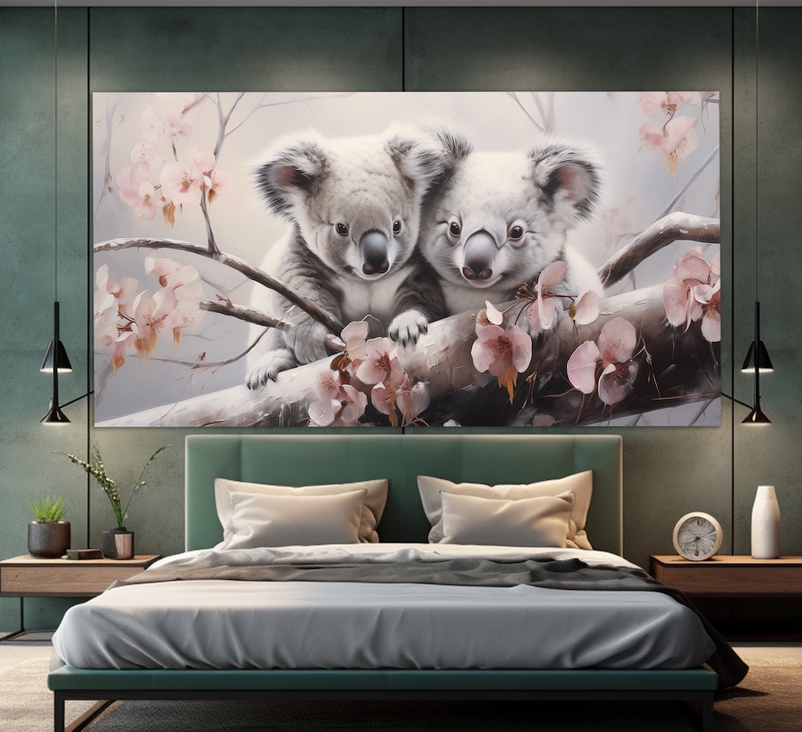 Two Cute Koalas Among Pink Blossoms Soft Neutral Nursery Wall Art Poster
