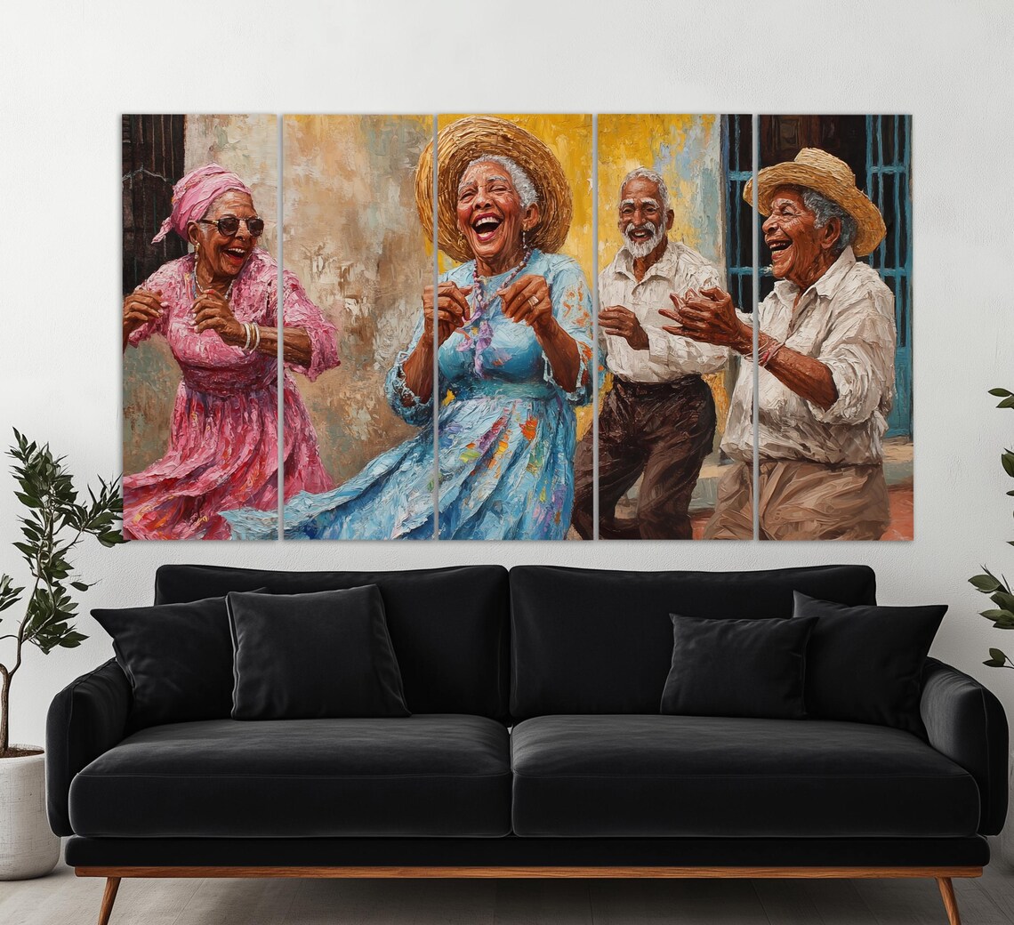Four Elderly Friends Dancing Joyfully Caribbean Street Party Art Poster - Image 5