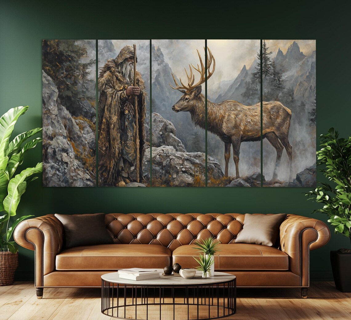Mountain Shaman And Deer Vintage Oil Painting Mystical Fantasy Poster - Image 2