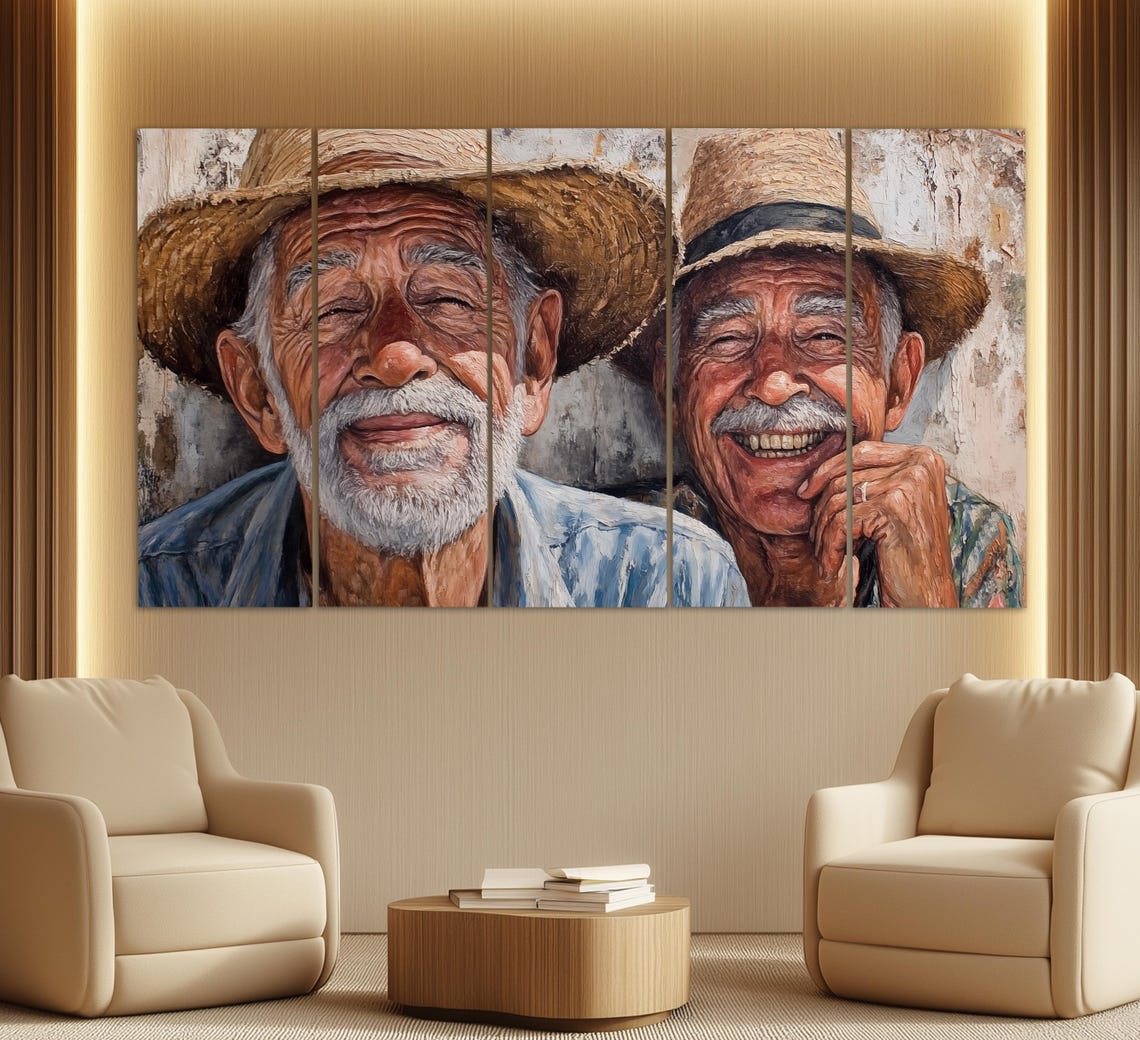 Two Smiling Old Men Straw Hats Portrait Friendship Warmth Art Poster - Image 5