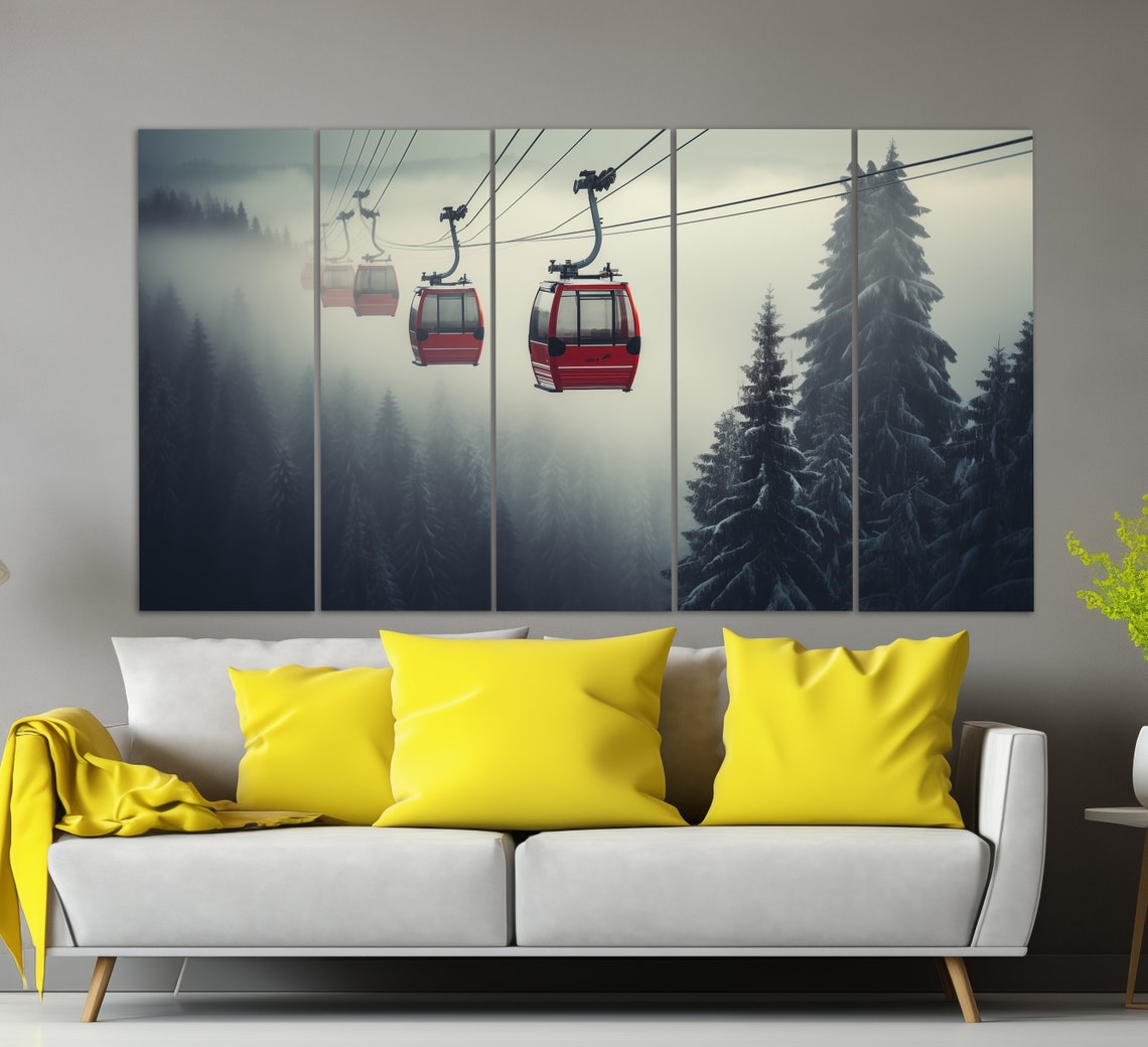 Red Gondolas Cable Cars Foggy Winter Forest Monochrome Grey Poster - Image 2