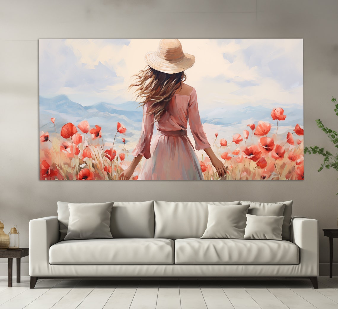 Girl In A Poppy Field Print In A Vintage Oil Painting Style Floral Wall Decor Romantic Wall Art Poppy Field Painting